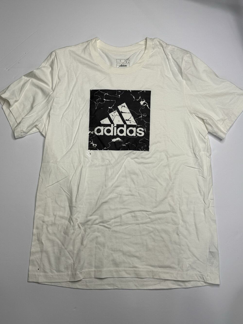 Adidas Mens L Badge of Sport Marble Logo Graphic T Shirt Cream Cotton NWT